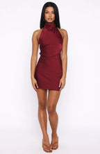 Just Small Talk Halter Mini Dress Wine