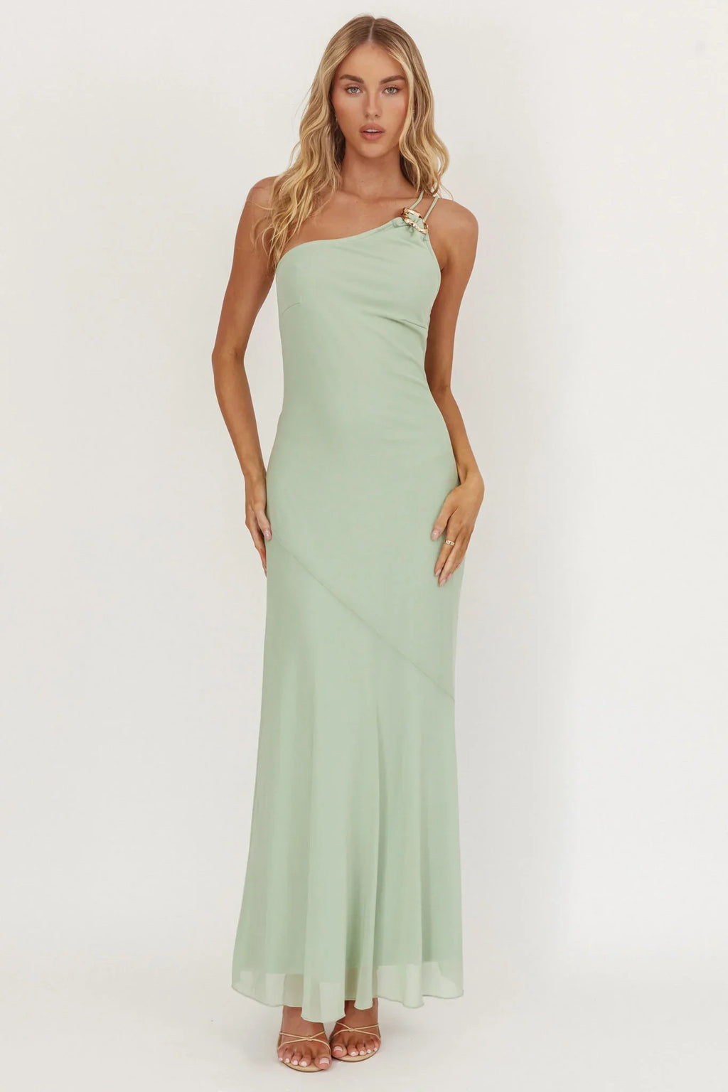 We Belong Together One-Shoulder Buckle Maxi Dress Mint