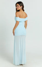 Leticia Maxi Dress - Mesh Off Shoulder Ruched High Split Dress in Blue