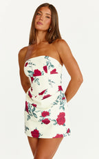 Dahlia Mini Dress - Strapless Draped Cowl Waist Bodycon Dress in Scarlet Rose Print