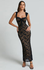 Collette Midi Dress - Ruched Bust Wide Strap Detail Lace Midi Dress in Black