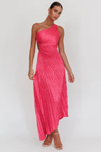 Amelie One-Shoulder Accordion Pleat Maxi Dress Floral Fuchsia