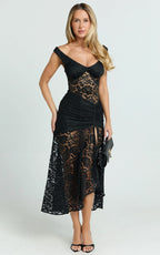 Tatum Midi Dress - Lace Off Shoulder Side Split Dress in Black