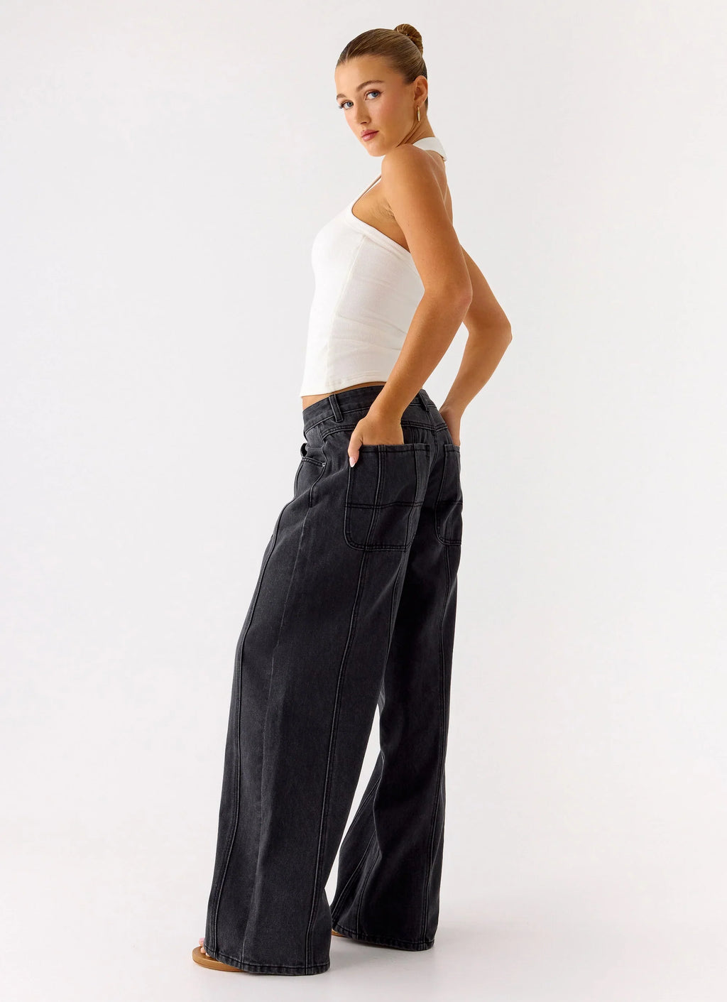 Johnny Low Rise Wide Leg Denim Jeans - Grey Charcoal