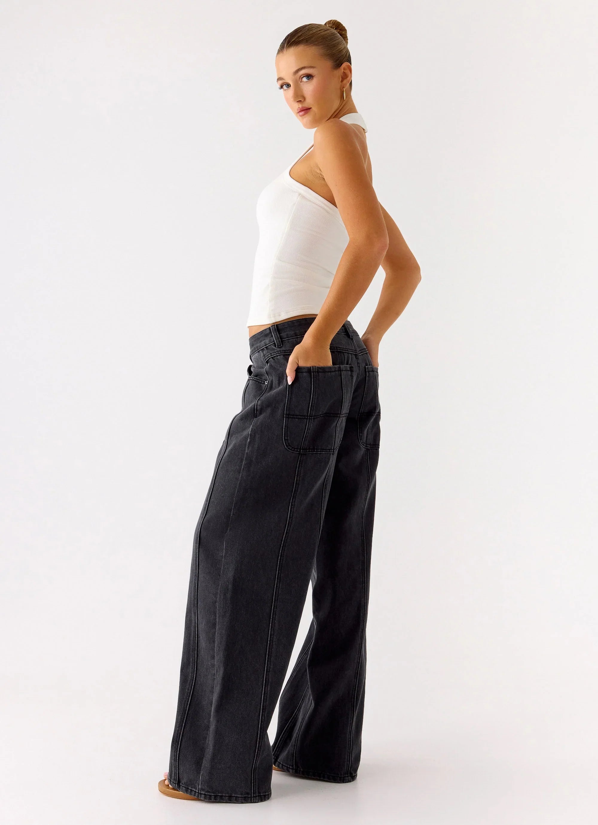 Johnny Low Rise Wide Leg Denim Jeans - Grey Charcoal