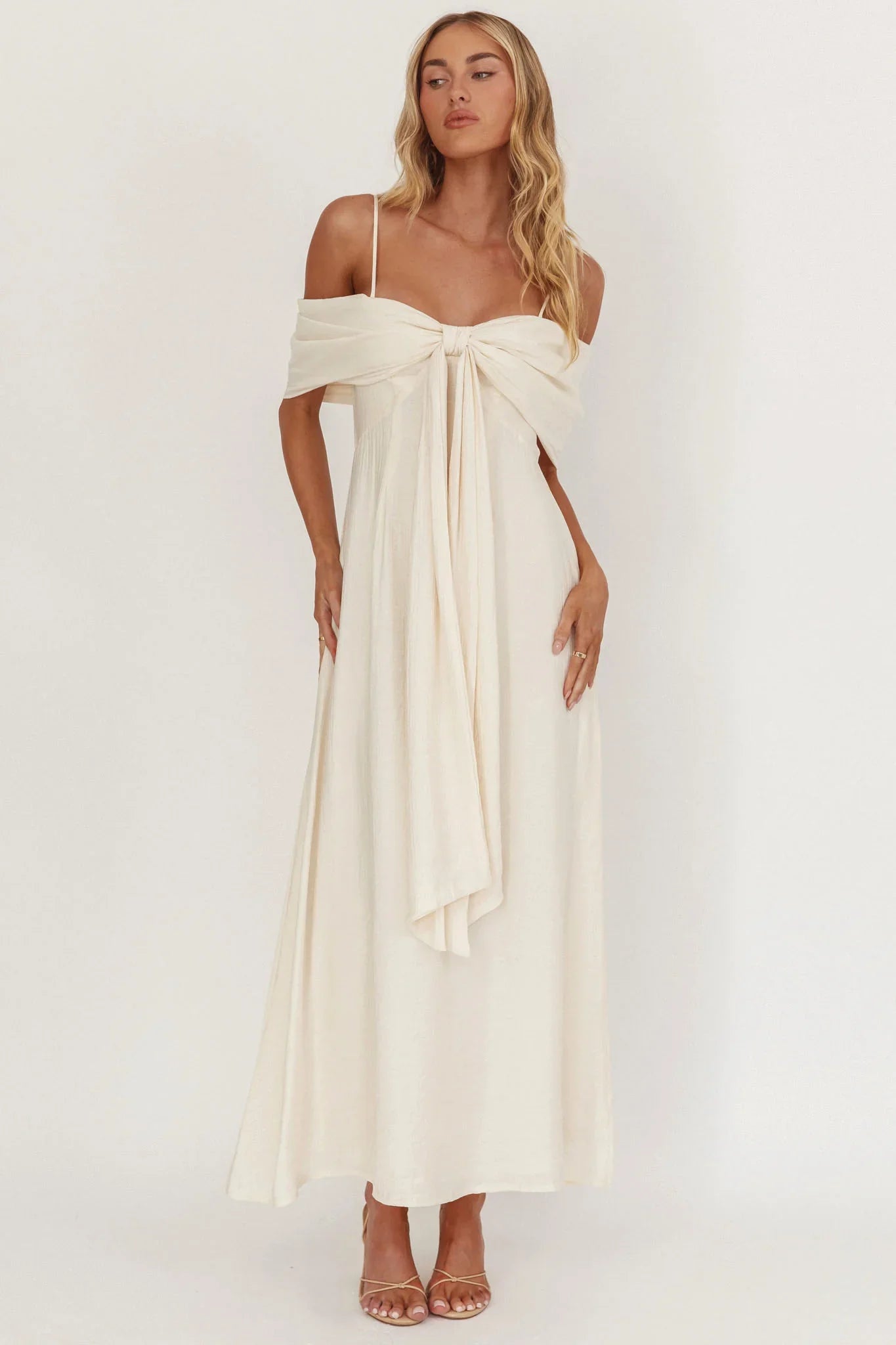 Lillibet Bow Tied Bust Midi Dress Cream