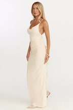 Penny Maxi Dress - Draped Cowl Neck 3D Flower Dress in Cream
