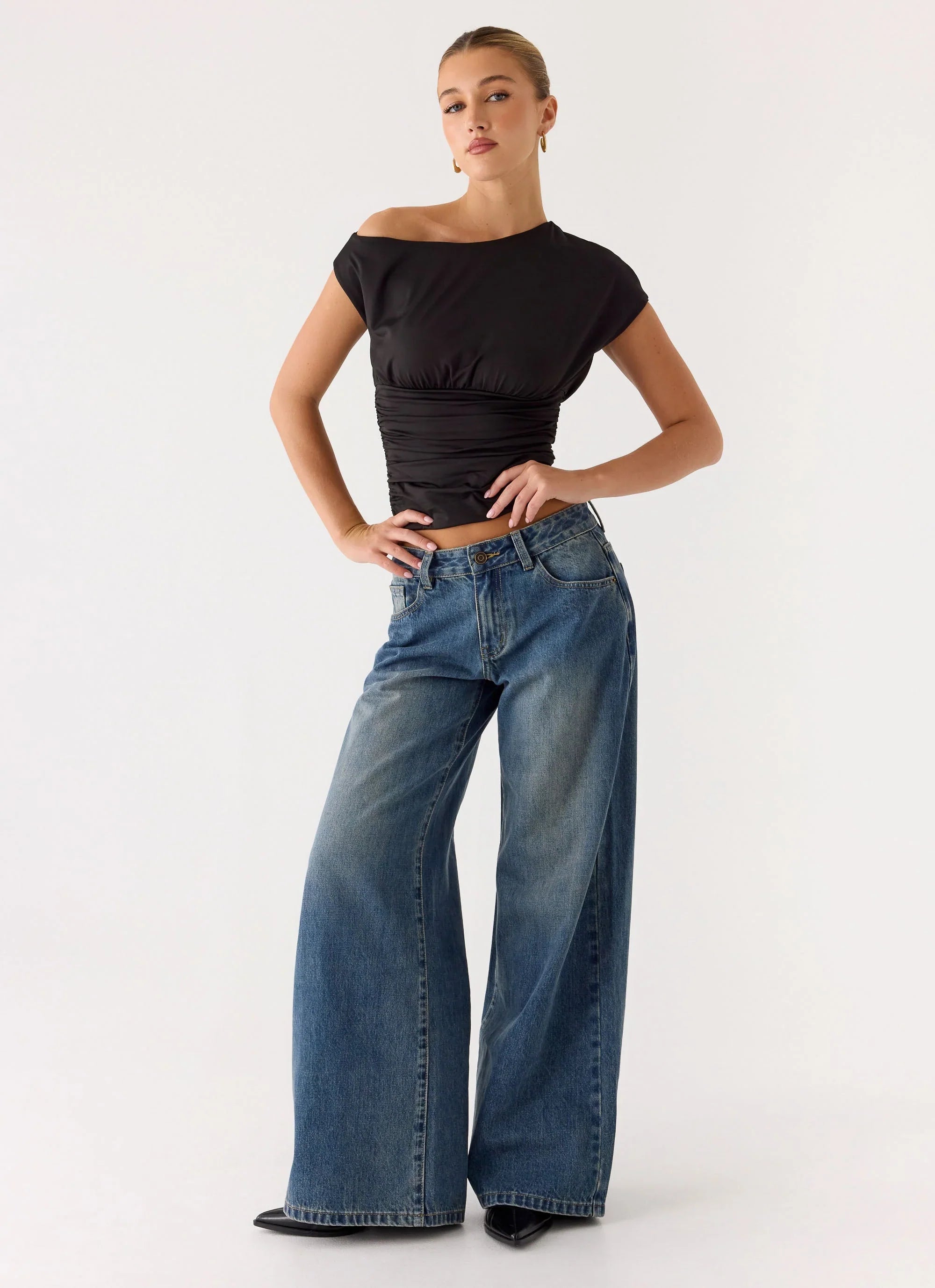 Neo Low Rise Wide Leg Denim Jeans - Vintage Blue Bleach Wash