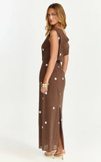 Cia Maxi Dress - Tipped Shoulder Linen Polkadot Dress in Chocolate