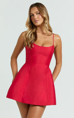 Carolina Mini Dress - Scoop Neck Panel Bodice Dress in Red