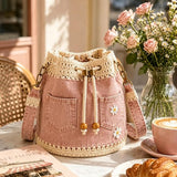 🔥 HOT SALE 49% OFF ✨ 👜Handmade Denim Crochet Bucket Bag – Daisy-Embroidered Drawstring Crossbody Bag