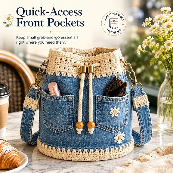 🔥 HOT SALE 49% OFF ✨ 👜Handmade Denim Crochet Bucket Bag – Daisy-Embroidered Drawstring Crossbody Bag