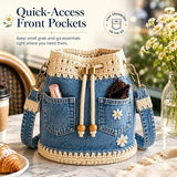 🔥 HOT SALE 49% OFF ✨ 👜Handmade Denim Crochet Bucket Bag – Daisy-Embroidered Drawstring Crossbody Bag
