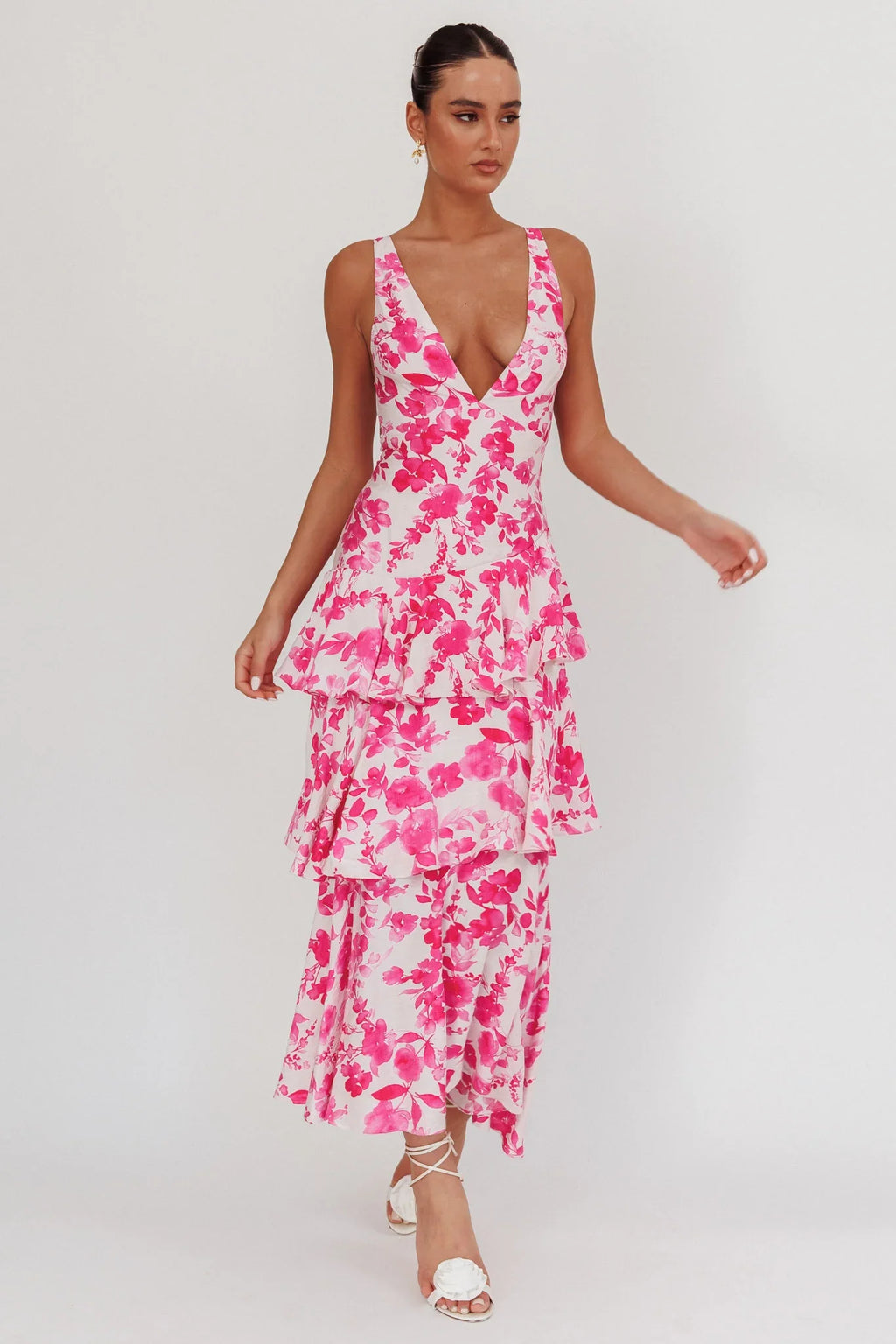 Veda Strappy Back Ruffle Maxi Dress Floral Fuchsia