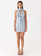 Get Me Halter Mini Dress - Blue Mocha Dot
