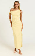 Cincinnati Midi Dress - Off The Shoulder Side Split Column Linen Dress in Lemon