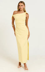 Cincinnati Midi Dress - Off The Shoulder Side Split Column Linen Dress in Lemon