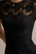 Clarissa | Black Lace Short-Sleeve Pleated Midi Dress