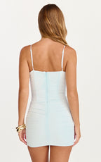 Helda Mini Dress - Corset Bodice Sheer Overlay Bodycon Dress in Soft Blue