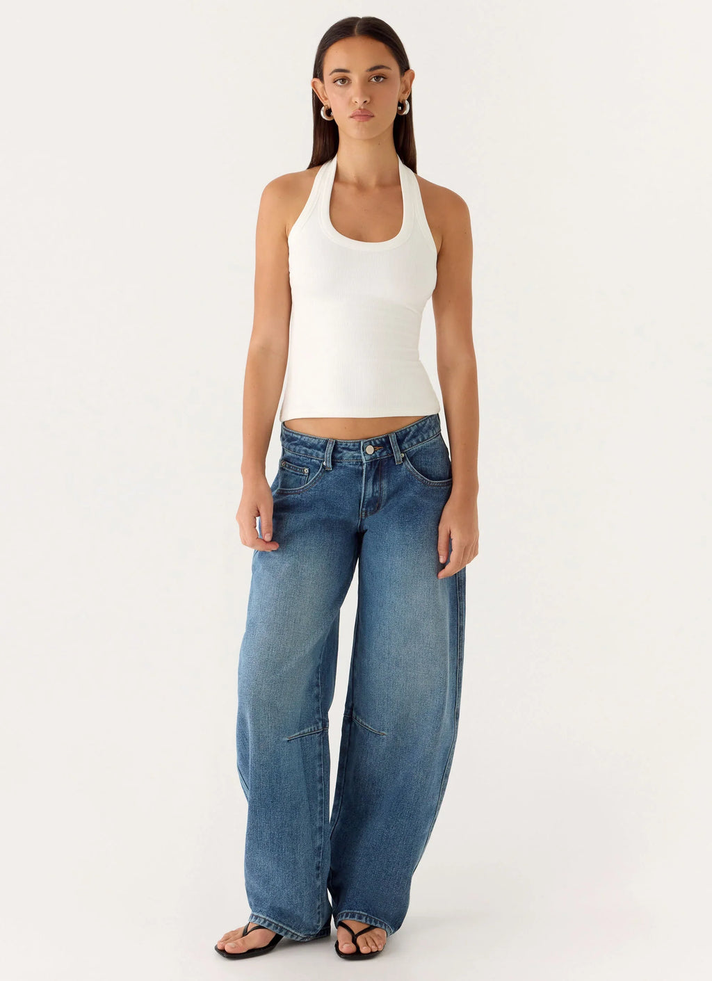 Stevie Low Rise Barrel Leg Denim Jeans - Mid Wash Blue