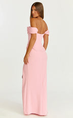 Marcel Maxi Dress - Off Shoulder Corset High Split Dress in Pink