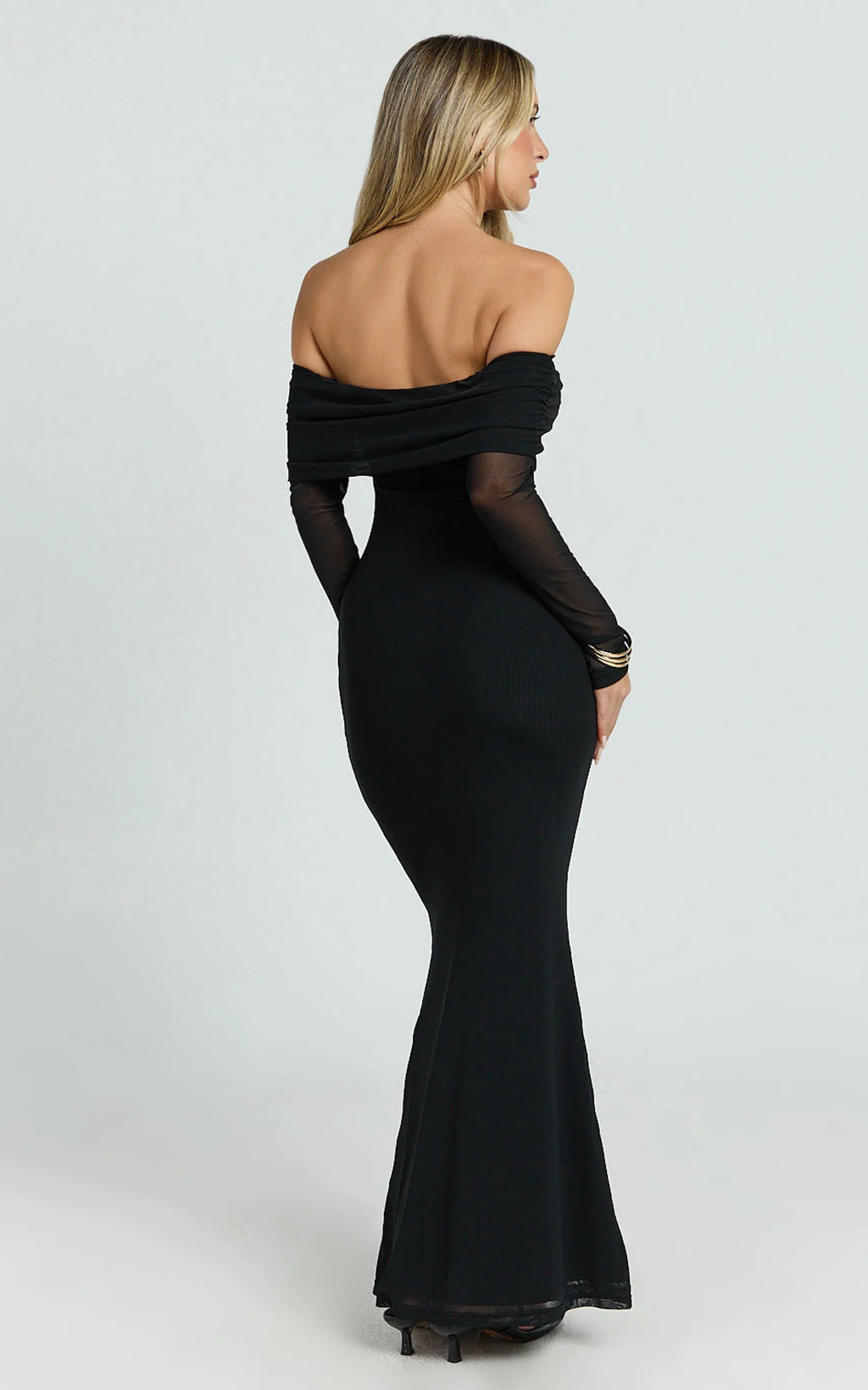 Bethanie Maxi Dress - Off The Shoulder Mesh Dress in Black