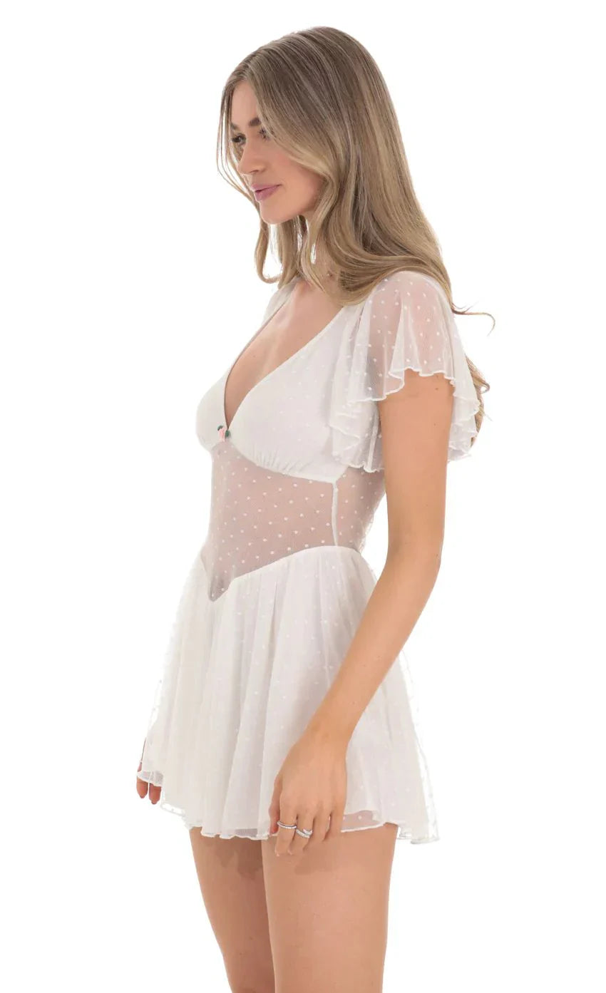 Dotted Mesh Cutout Dress in White