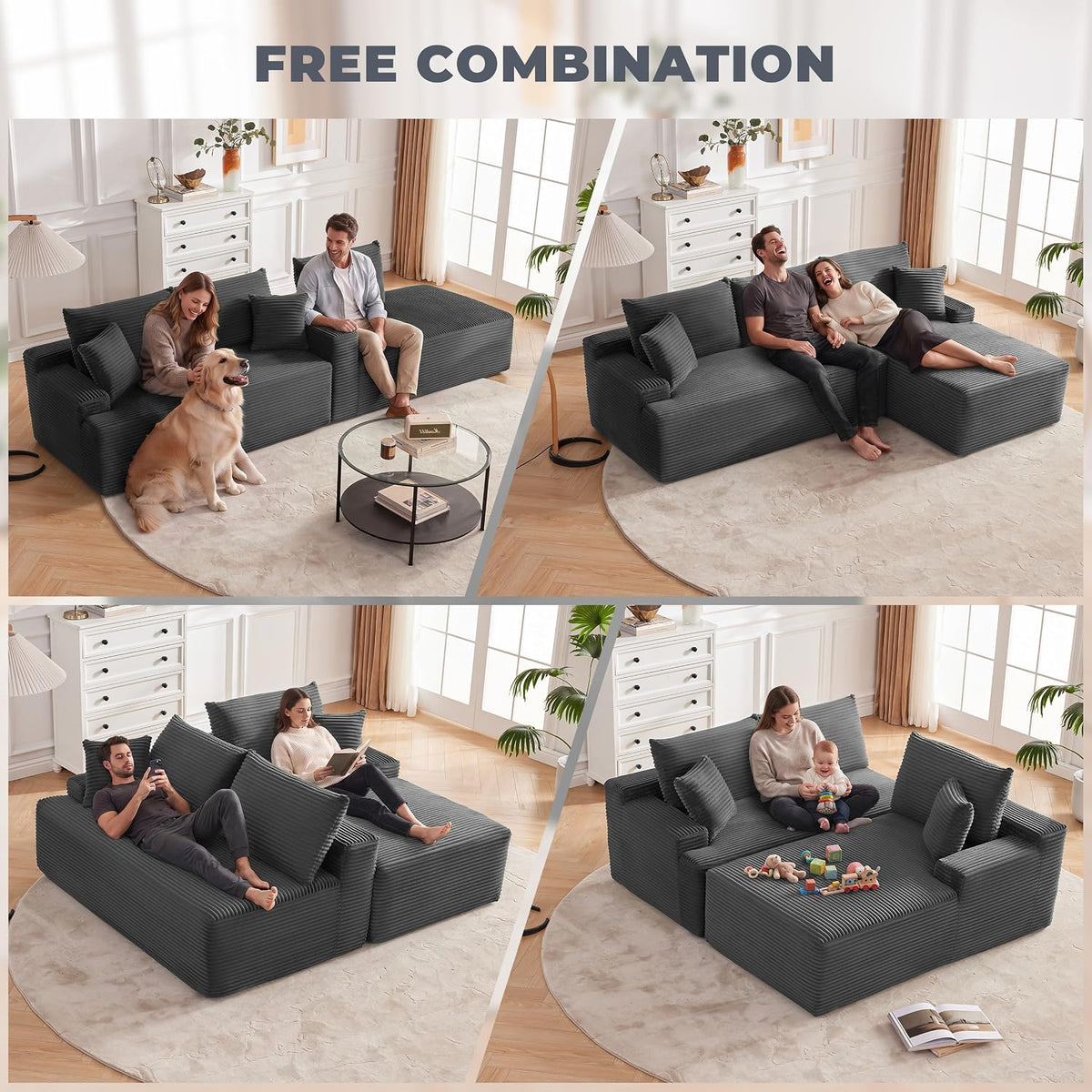 Cloud-style modular sofa, armless living room sofa, camel | L-shaped modular design, right-facing chaise, deep seating with back support, kid- and pet-friendly, suitable for apartments and living rooms