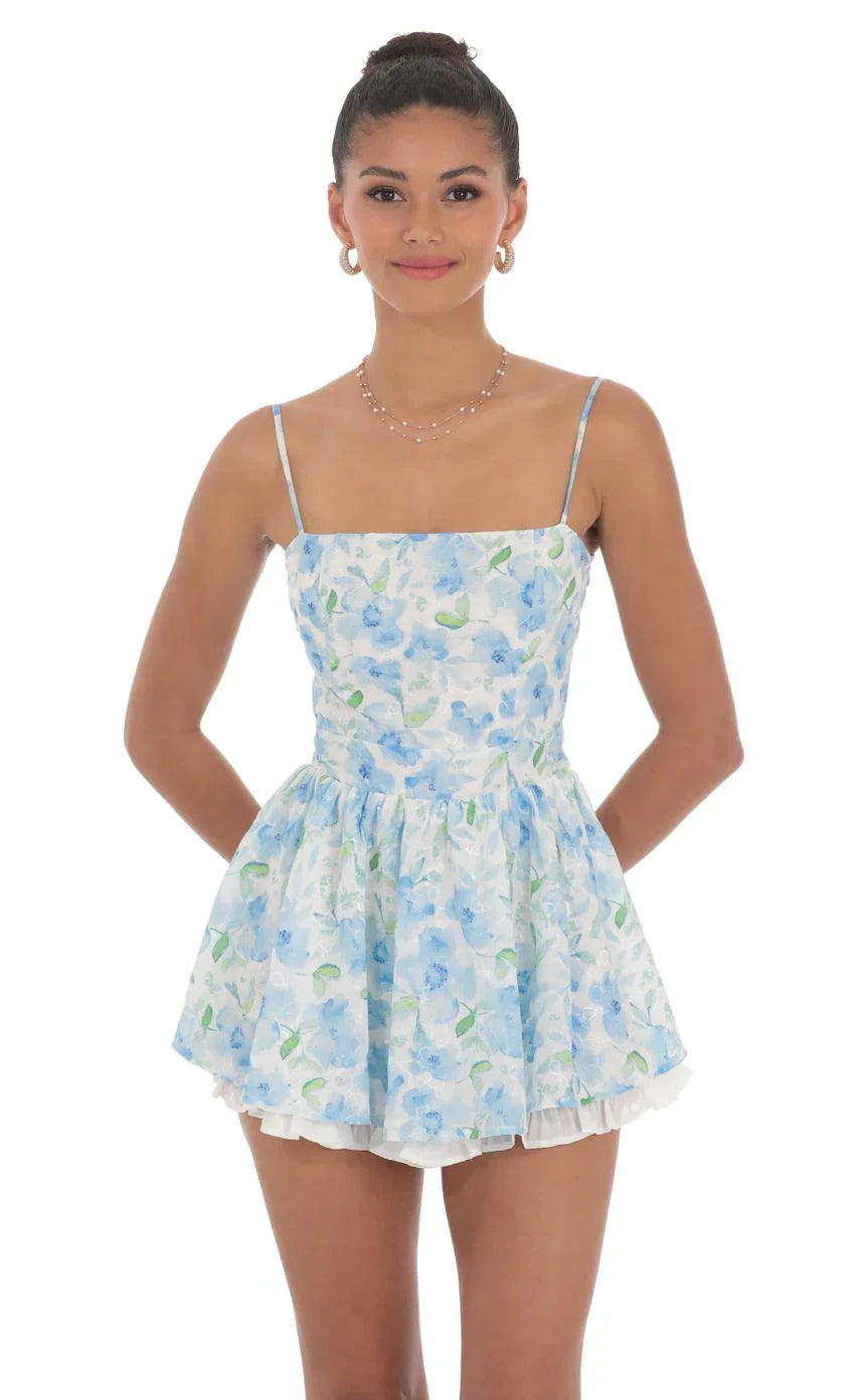 Blue Floral Ruffle Romper in White