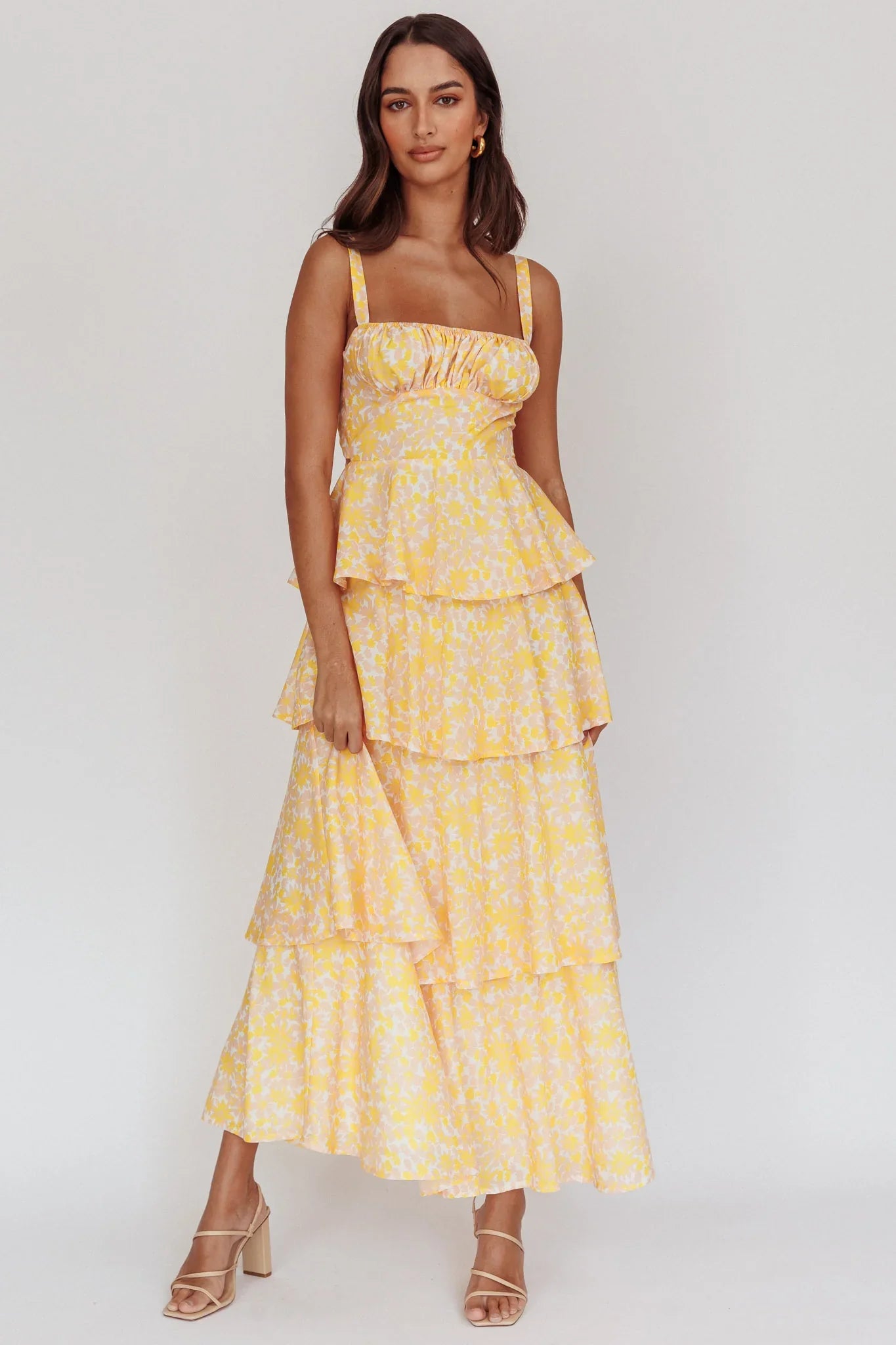 Provence Bloom Tiered Ruffle Floral Maxi Dress Yellow