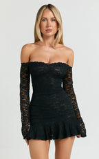 Frieda Mini Dress - Off Shoulder Flared Long Sleeve Stretch Lace Dress in Black