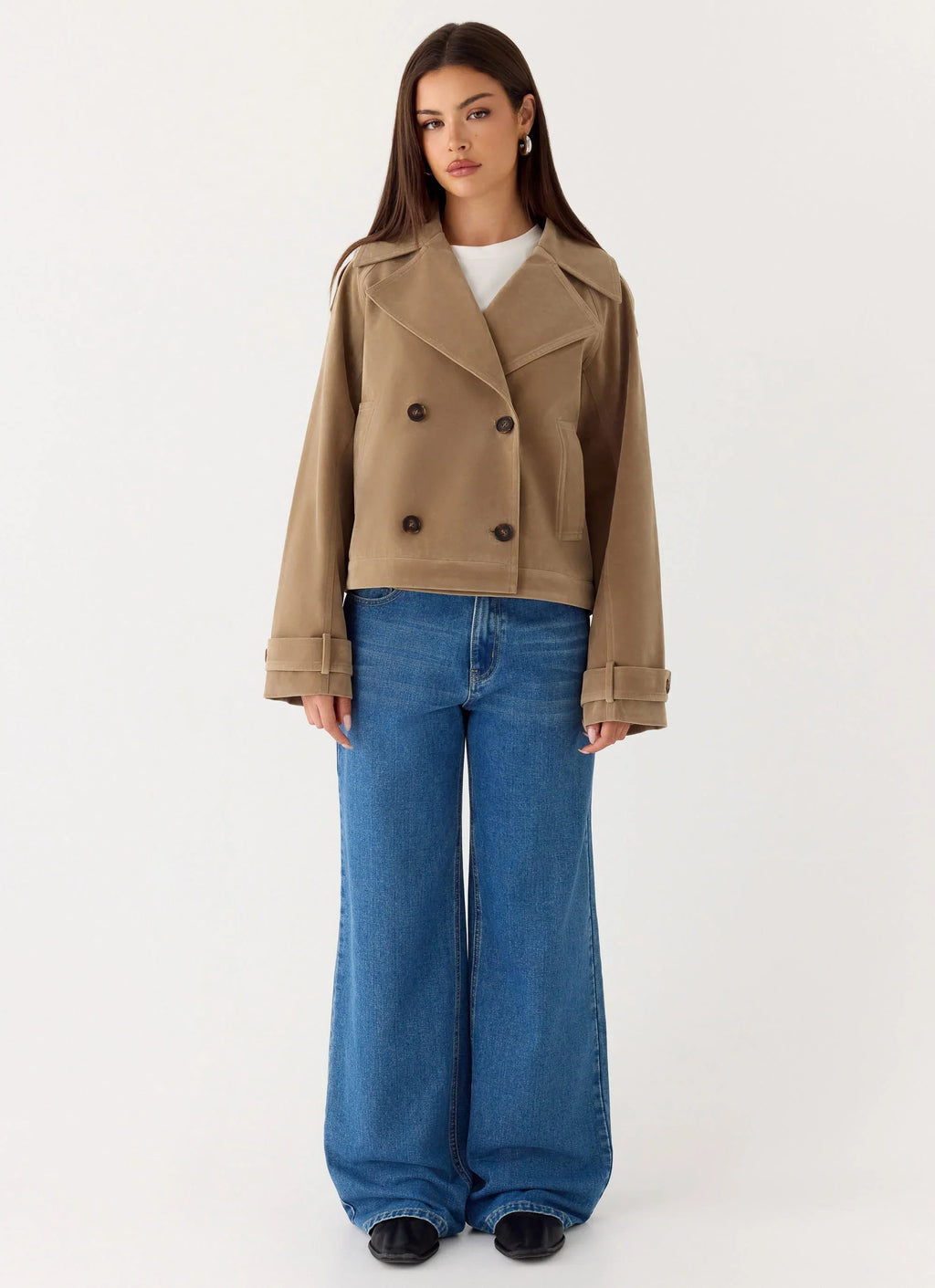Evan Faux Suede Short Trench Jacket - Tan