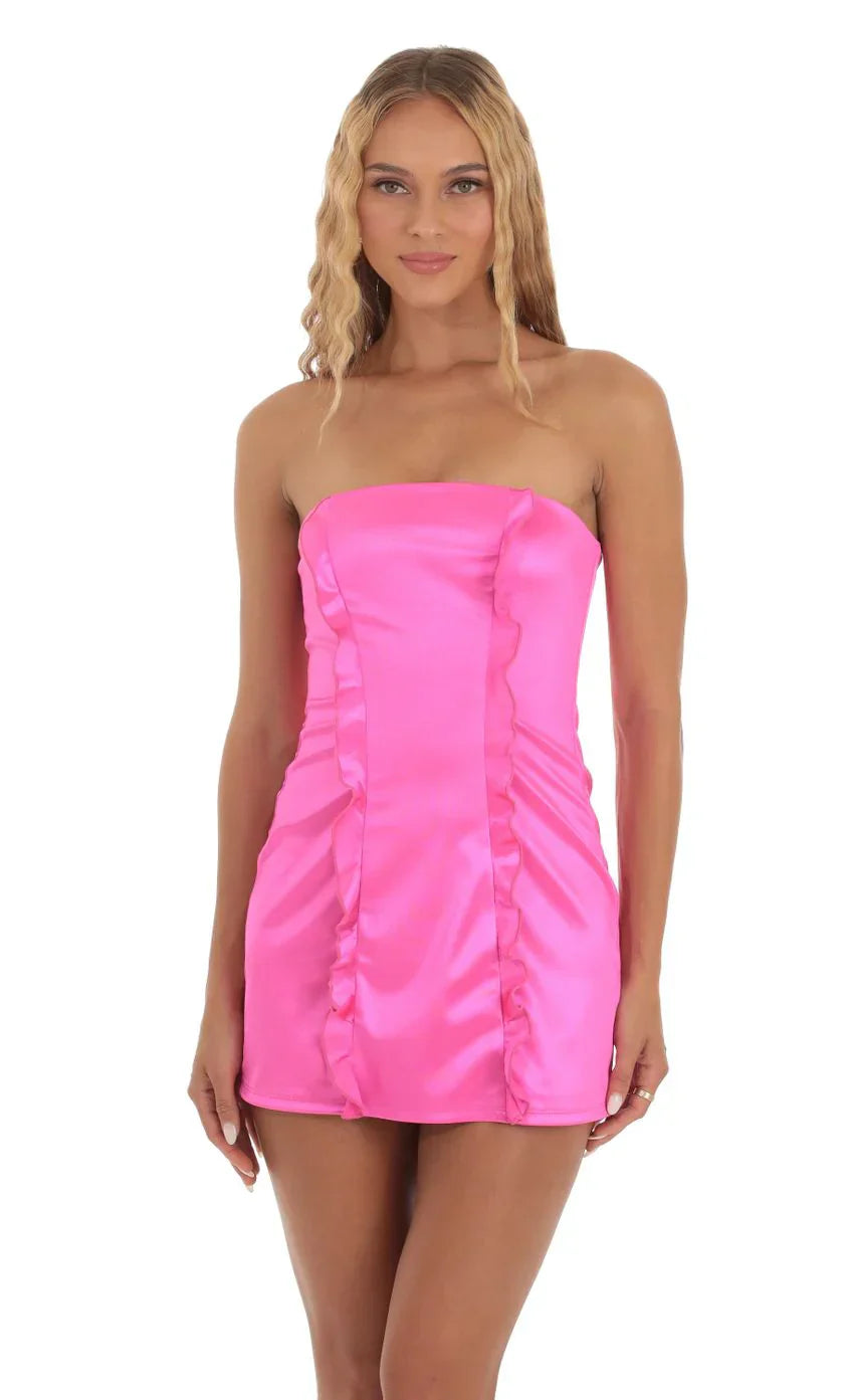 Double Ruffle Strapless Dress in Hot Pink