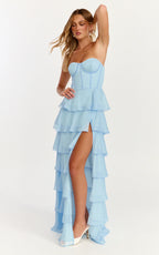 Bella Maxi Dress - Strapless Corset Bodice Lace Up Back Tiered Ruffle Dress in Soft Blue