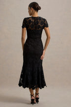 Clarissa | Black Lace Short-Sleeve Pleated Midi Dress