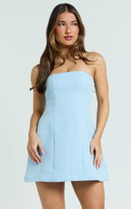 Catharine Mini Dress - Strapless A Line Dress in Blue