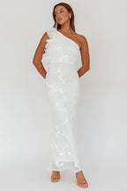 Deanna One-Shoulder Ruffle Maxi Dress Floral Texture White