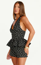 Seraphina Top - Polka Dot V Neck Peplum Top in Black Polka Dot Print