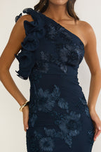 Deanna One-Shoulder Ruffle Maxi Dress Floral Navy