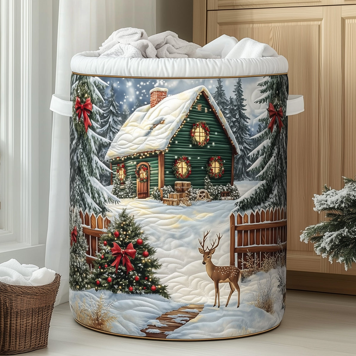 Snowy Cottage Quilted Laundry Basket GFTONT3357