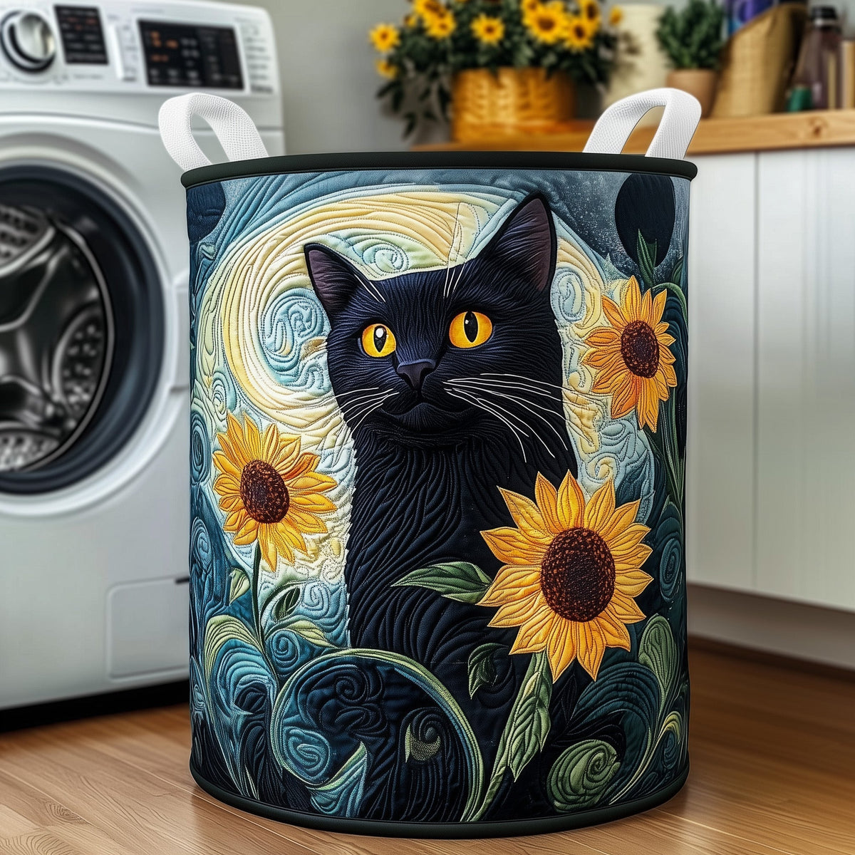 Sunflower Cat Quilted Laundry Basket GFTOXM286