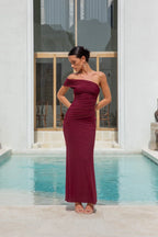 Dahlia One Shoulder Mesh Maxi Dress Maroon