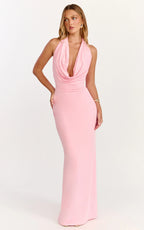 Sylvana Maxi Dress - Cowl Halter Neck Bodycon Dress in Baby Pink