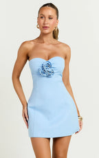 Odelle Mini Dress - Tulip Hem Cut Out 3D Floral Dress in Blue