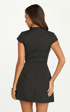 Jacqui Mini Dress - Low Cut Notch Neck Structured Dress in Black