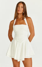 Anya Mini Dress - Halter Neck Gathered Top Drop Waist Fit And Flare Dress in White