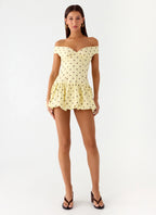 Endless Romance Off Shoulder Mini Dress - Yellow Polkadot