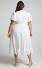 Divora Midi Dress - Plunge Balloon Sleeve Tiered Dress in Ivory