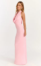 Sylvana Maxi Dress - Cowl Halter Neck Bodycon Dress in Baby Pink