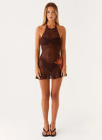 Henley Crochet Mini Dress - Chocolate